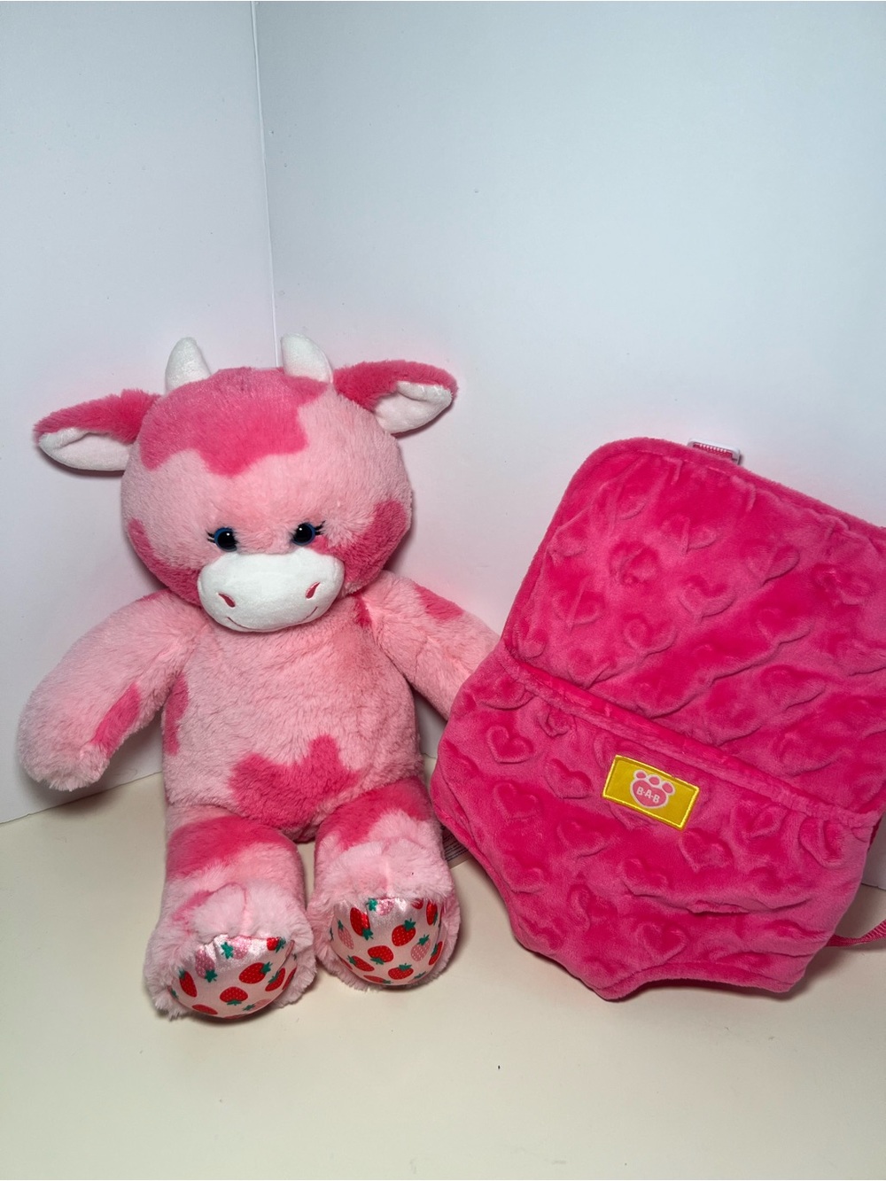 Build A Bear Strawberry Pink Cow With Bonus Heart Backback Carrier Cottagecore